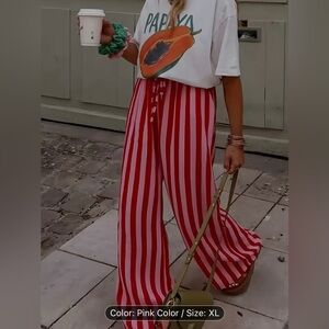 Pink Striped Wide-Leg Long Pants with an Elastic Waistband